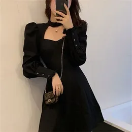 WannaThis Elegant Women Mini A Line Dress Black Hollow Out Shrug Vintage Puff Sleeve Spring Fashion Sexy Party Prom Kawaii 220607