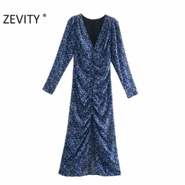 Zevity New Women Vintage v Neck Flower Print Pleated Shirtdress Ladies Leng Sleeve Back Zipper Vestido Chic Split Dresses DS4516 210322