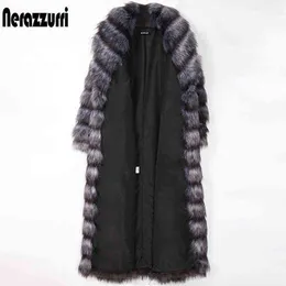 Nerazzurri Long Fluffy Warm Faux Fua Coat Women 2022 Long Sleeve Womens Silver Fur Coat