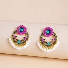 Stud Vintage Women's Pink Flower Earrings Boho Ethnic Enamel Hollow Pearl Beads Tassel Jhumka Wedding Jewelry GiftStud StudStud Kirs22