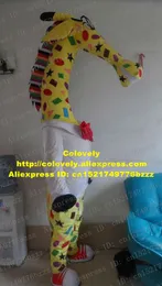 Mascote boneca traje vívido amarelo camelopardalis girafa cameléopard giraffa mascote traje com mãos pretas bowknot vermelho rosto longo No.5132 fs