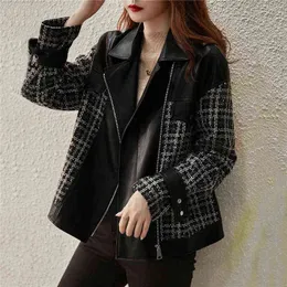 Casaco Feminino 2022 SPRING Autumn Zipper Jacket New Fashion Stitching Black Plaid Jackets فضفاضة معطف جلدي غير رسمي L220728