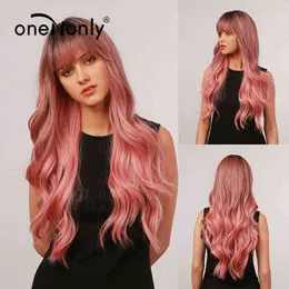 OneNonly Long Body Wave Ombre Brown Pink Synthetic Wigs With Bangs Natural For Women Cosplay Wig Heat Motent 220622