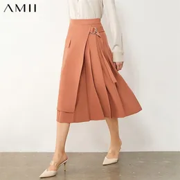 AMII minimalism Autumn Winter Womens kjolar Fashion High midja veckad aline kalflängd kjol kvinnlig kjol 12080051 210306