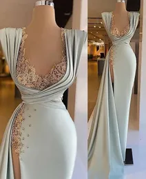 Vintage Sage Green Mermaid Prom Occasion Dresses with Side Train 2022 Sexy Slit Matte Stain Lace Beaded Aso Ebi Evening Dress Gown