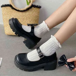 Women Dress Shoes Rimocy Kawaii Boog Hoge Hak Mary Janes Vrouwen Japanse Platform Cosplay Student Schoenen Vrouw Lakleer Gesp Lolita 220607