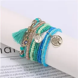 Evil Eye Eye Women Bohemian Multilayer Charm Beads Tassel مجموعة الحياة TREE TRING WRAP BRACELET FEMME Jewelry GC1283