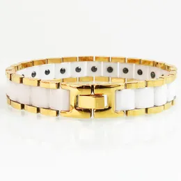 Link Cadeia Benefício de hematita Terapia com bracelete magnética Cerâmica Aço inoxidável banhado a ouro em pulseiras manuais para homens jóias