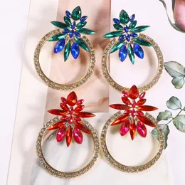 Gold Metal Geometric Circle Colorful Dangle Earrings Shiny Rhinestone Crystal Long Drop Earring For Women Beautiful Jewelry
