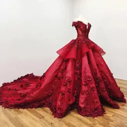 Dark Red Off Shoulder Ball Gown Quinceanera Dresses 3d Floral Appliciques Sweep Train Prom Evening Formal Party Gown BC3512