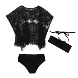 Women's Swimwear Baby Girl Swimming Costume 3Pcs Girls Bikini Set Beachwear Swimsuit Cover-Up Tunics For Beach Black Bathing Suits SuitWomen