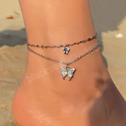 Vintage Crystal Butterfly Kvinnors Anklet Bohemia Silver Plated Beach Dubbelkedja Anklet 2022 Sommarben Smycken