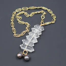 Pendant Necklaces Jewelry Natural Double Point Quartz Gold Plated Chain Necklace Black Keshi Pearl Handmade For LadyPendant