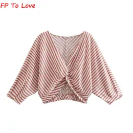 Women's Blouses & Shirts Fp To Love 2022 Summer Red And White Striped Top High Waist Short Sexy Linen Blend Half Sleeve Knotted Chic Shirt W