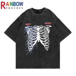 Rainbowtouches Yıkanmış Tişört Büyük Boy Hip Hop Unisex Kafatası Vintage Grafik Yarım Kollu Erkekler Yüksek Sokak T-Shirts Mens