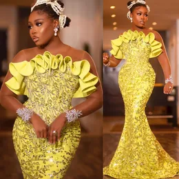 2022 Plus Size Arabic Aso Ebi Yellow Luxurious Sparkly Prom Dresses Beaded Crystals Evening Formal Party Second Reception Birthday Engagement Gowns Dress ZJ706