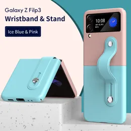 Dual Color PU Leather Case with Retractable Wrist Strap Holder Stand Cover For Samsung Galaxy Z Flip 3 Flip 4 Z Flip 5