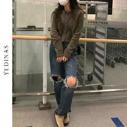 イェディナス韓国スタイルハイウエストジーンズ女性ホールデニムパンツレディースルーズワイドレッグプラスサイズのボーイフレンドリッピングママ210527
