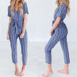 Zanzea Women Casual Rompers Belt Ladies Striped Jumpsuits Female V Neck Playsuits Pant Elegant Work Overalls Plus Size Pantalon j190723