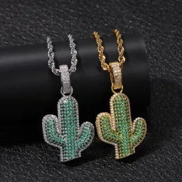 Hänge halsband Hip Hop Micro Pave Green Cubic Zirconia Bling Out Plant Cactus Pendants For Men Rapper Jewelrypendant Pendantpendant