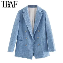 Traf Women Fashion Office Wear Double Breasted Tweed Blazer Coat Vintage Long Sleeve Frayed Female Outerwear Chic Tops 201106