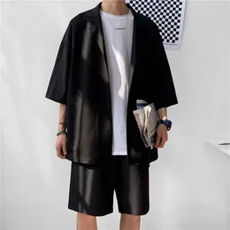 Korean Style Men s Set Suit Jacket and Shorts Solid Thin Short Sleeve Top Matching Bottoms Summer Fashion Oversized Clothing Man 220613