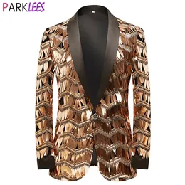 Mens Luxury Wave Striped Gold Sequin Blazer Jacket Shawl Lapel One Button Shiny Wedding Party Suit Jackets Dinner Tuxedo Blazer 220812