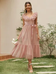 Casual Dresses Simple V-ringning Mesh Polka Dot Summer Tulle Party Dress Women rygglös rosa ruffle ärmlös elegant sash maxi vestidocasual