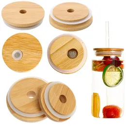 70mm 86mm Wide Mouth Bamboo Lids Mason Jar Canning Caps With Straw Hole & Silicone Straw Valve Non Leakage Silicones Sealing Wooden Covers Drinking Storage Jars Lid