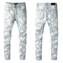 Högkvalitativa män jeans nödställda motorcykel cyklist jean rock mager smalt rippade hål rand fashionabla broderier denim byxa