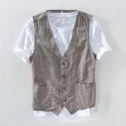 Gilet da uomo Gilet da uomo in lino vintage Materiale sottile 55% lino 45% cotone Gilet sottile a righe casual da uomo Taglia asiatica M-3XL Phin22 da uomo