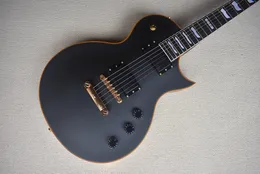 Guitarra elétrica preta fosca de fábrica com encadernação amarela e pescoço dourado hardwares white pérolas fret bordado rosa -rosa armadilha ativa picapes pode ser personalizada