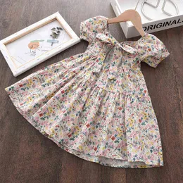 Keelorn novo verão crianças meninas vestido de flor impressão floral arco vestidos para menina moda princesa algodão crianças roupas 3-7y
