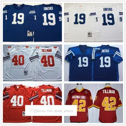 NCAA College 75:e vintage fotboll 40 Pat Tillman tröja sydd 19 Johnny Jerseys Unitas skjorta Svart Vit Blå Röd MitchellNess
