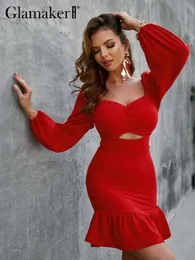Glamaker الأنيقة الفانوس الأكمام مربعة مربع الفستان الأحمر فستان المرأة المقطوعة من الضفة النحيفة الصيف الهروب 220602