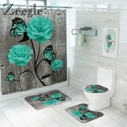 Butterfly Floral Printed Bath Mat and Shower Curtain Set Flanell Toalettgolvmattor Badrum Non-Slip Carpet 220504