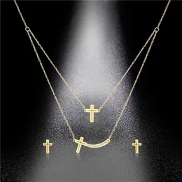 Orecchini Collana Croce in acciaio al titanio Doppio strato Set Chocker femminile Catena clavicola Collana Ins SenOrecchini