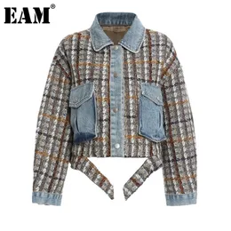 EAM denim Plaid tweed Big Size Cotton Padded Coat Long Sleeve Loose Fit Women Parkas Fashion Autumn Winter 1Z822 201126