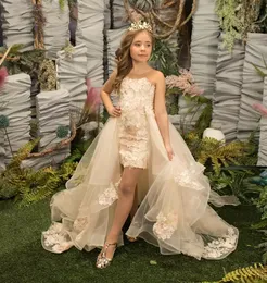 Vestidos de flores de pescoço novo Aplique Aplique Lace Kids Crianças Festas de Casamento forma