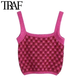 TRAF Женщины сладкие моды проверить вязание бак топы винтажные прямые шеи широкие ремни женские Camis Mujer 220318