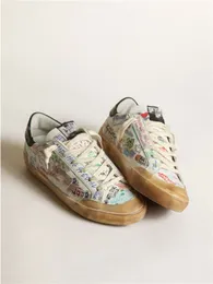 Dirty High-top Small Golden Shoes Italy Designer Luxury Italian Retro Handmade Womens Super-star Penstar Sneakers in White Leather with All-over Multicolored