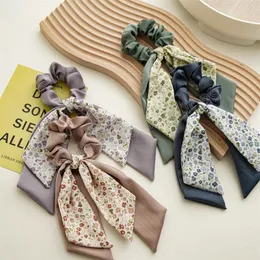 Fashion Flower Print Bow Scrunchies Silk Ribbon for Women Ponytail Scarf Sweet Elastic Hair Band Girls Hair Ties Accessories