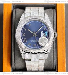 RF 41 126334 Miyota Automatik-Herrenuhr mit Pavé-Diamantgehäuse, blaues Zifferblatt, römische Markierungen, komplett vereistes 904L-Oystersteel-Armband, Schmuck, Uhren, Zeitzonenuhr F6