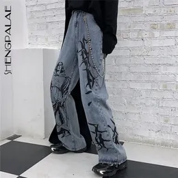 Shengpalae Summer Fashion Ins Street Hiphop Printing Wash Jeans Loose Casual Denim Wide Leg Pants Woman 220701
