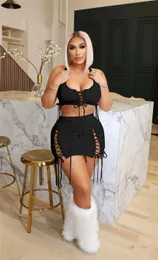 Frauen Kleid Sets Sommer Rock Anzüge V-ausschnitt Bandage Crop Top + aushöhlen Mini Rock Passenden Set Nachtclub Tragen groß 7339