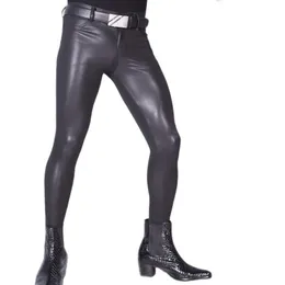 Men's Pants Pantyhose PU Leather Sexy Men Full Leg Length Shiny Pencil Tight Elastic Trousers Glossy Punk Gay WearMen's