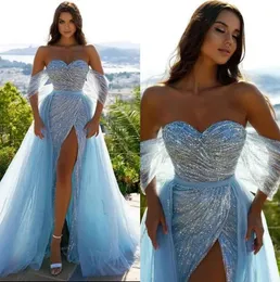 2022 Blue Prom Dresses High Spit Off Shoulder Party Gowns Prom Gowns Evening Dresses Custom Made Special Occasion Dresses Parties Plus Size