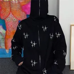 Sonbahar Punk Zipup Ceket Y2K Yıldız Sweatshirt Kore Günlük Vintage Uzun Kollu Üst Gotik Grunge Kapüşonlu Dış Giyim 220816