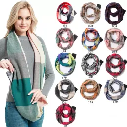 Karierter Winterschal mit gestricktem Warm Convertible Journey WomenMan Wrap Secret Hidden Zipper Pocket Infinity