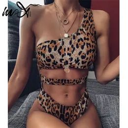 I X Sexy Leopard 1pc baddräkt One Shoulder Bikini 2020 High Cut badkläder Kvinnor Monokini Padded Bathing Suit New Bodysuit T200708